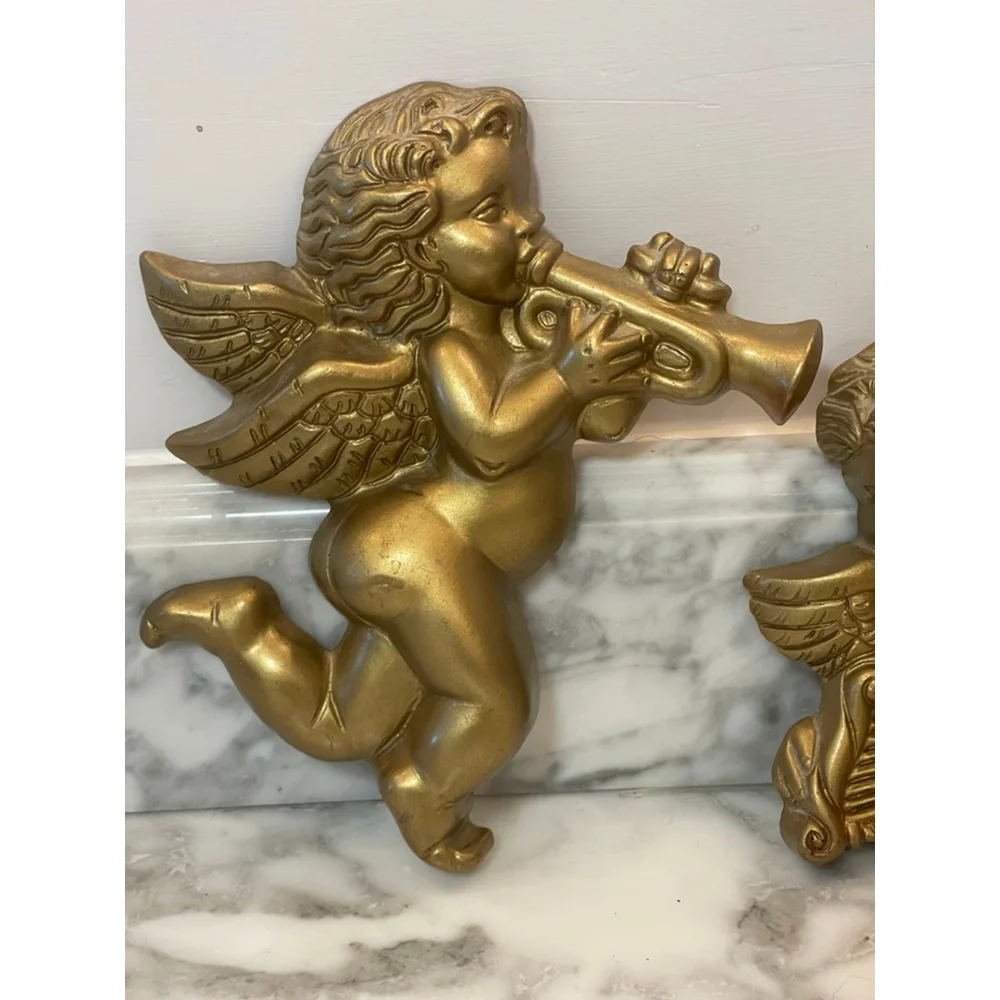VTG Gold Wood Cherub Wall Plaques Set 2 Angels Playing Horn & Lyre 8” Christmas
